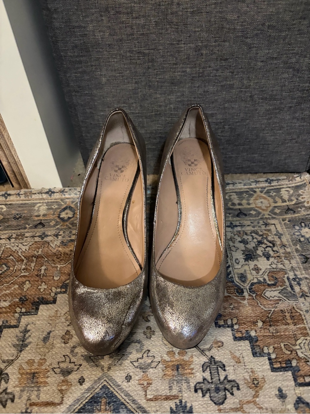 Vince Camuto Metallic Bronze Round-Toe Leather Pumps
